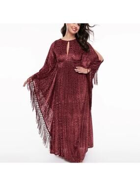 Unique Vintage Burgundy Fringe Flitter Sleeve Burnout Caftan XS NWT